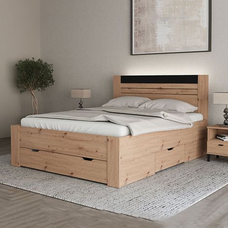 Ehebett Kabale, Matratzengröße 160x200 cm, Kopfteil mit Rillen, Tragkraft 200 kg, Eiche Knoten Braun (1/5)