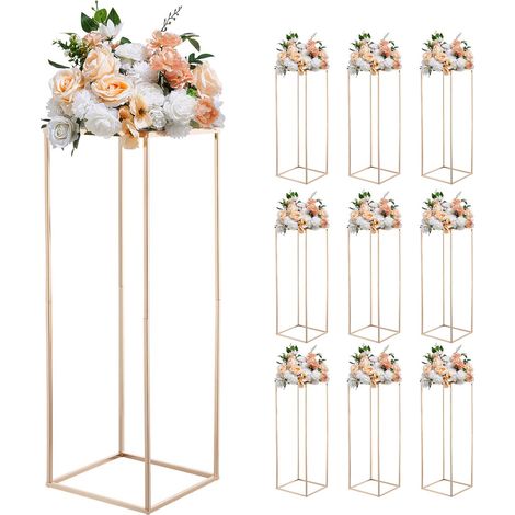 VEVOR Hochzeitsblumenständer 280x280x800mm, 10 Stk. Blumenhocker, Blumenständer mit Metallablage, Rechteckiger Pflanzenhocker für Hochzeiten, Partys, Geburtstage, Tischdekorationsständer, Rosegold (1/5)