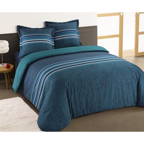 Parure de lit Marco - 100% Coton - Bleu/Vert - Set de Housse de Couette 260x240 cm avec 2 taies d'oreiller pour lit Kingsize 2 Personnes - Fibres Naturelles - Certifié Oeko-Tex (1/5)