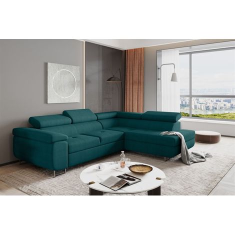 Ecksofa Sofa JADE Stoff Matt Velvet Türkis mit Schlaffunktion Ottomane Rechts (1/2)