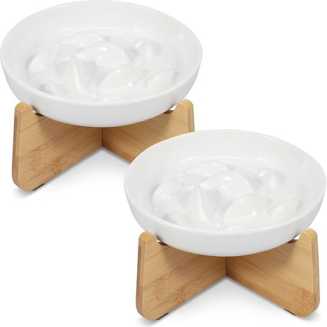Lot de 2 Gamelle Anti Glouton Chat Céramique Surélevée avec Support Bambou, Bol Poisson Anti Vomissement pour Petit Chien (1/5)