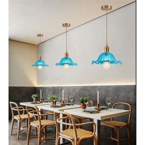 3x Retro Suspension Luminaire en Verre Blue,Lustre Industriel 25cm E27 Lampe de Plafond Reglable Design Fleurs pour Salon Cafe (1/5)