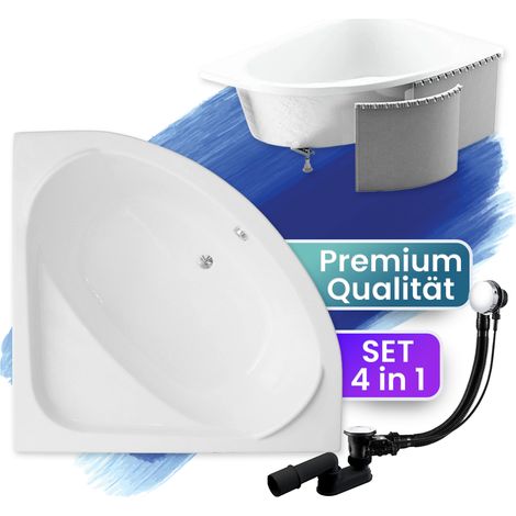 Badewanne Eckbadewanne 140x140  mit Styroporverkleidung, Ablauf & Füße GRATIS - Komplettset 4in1 Original Acryl Wanne Siphon - BADLAND STANDARD