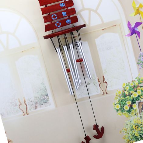 Carillon à vent décoratif multicolore tubes aluminium bois sapin cadeau cabane maison porte fenêtre bateau argent blanc