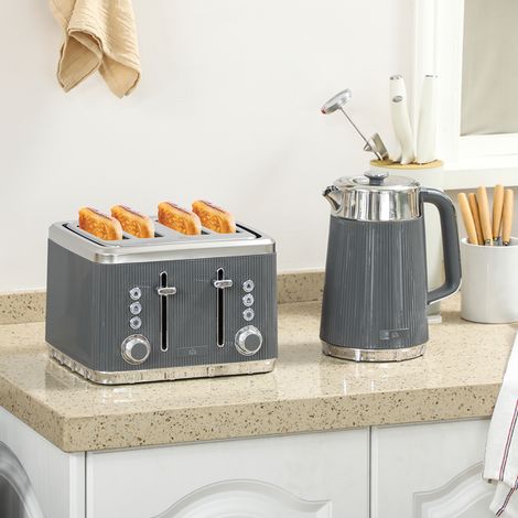Stylish Grey Electric Kettle and 4-Slice Toaster Set with Precise Temperature Control and Dual Browning Levels for Perfect Toasting