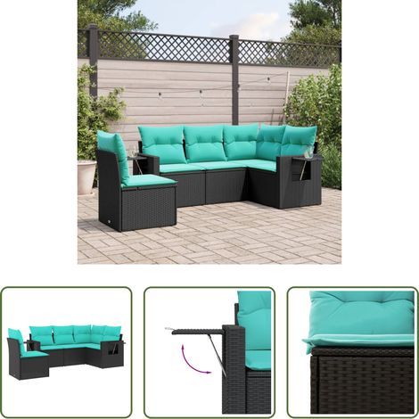Gartenmöbel - 5-teiliges Gartensofa-Set mit Kissen, schwarzes Polyrattan (1/5)
