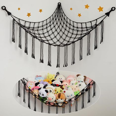 1 hamac de rangement pour jouets, hamac bohème pour jouets en peluche, support de rangement suspendu pour chambre d'enfant, noir (1/5)