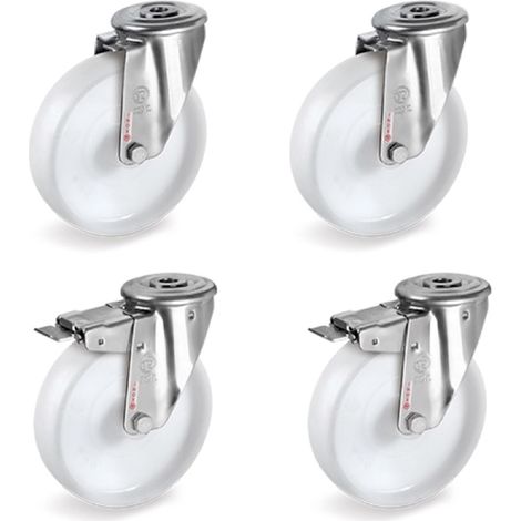 Lot de 4 roulettes à Oeil INOX pivotantes et pivotantes à frein plastique blanc 80 mm - 300 Kg (1/3)
