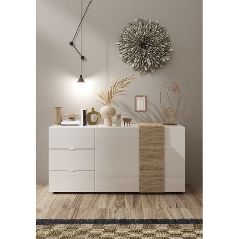 Madia soggiorno 2 ante 3 cassetti L 181 Bianco Lucido / Rovere Cadiz - Venus (1/5)