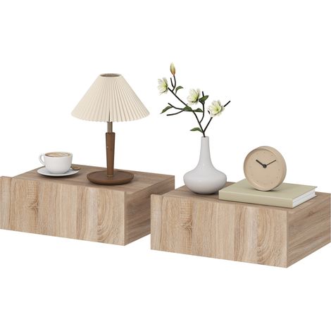 Lot de 2 tables de chevet murales 40 x 30 x 15 cm tiroir coulissant gain de place moderne en panneau de particules chêne 210001503 (1/5)