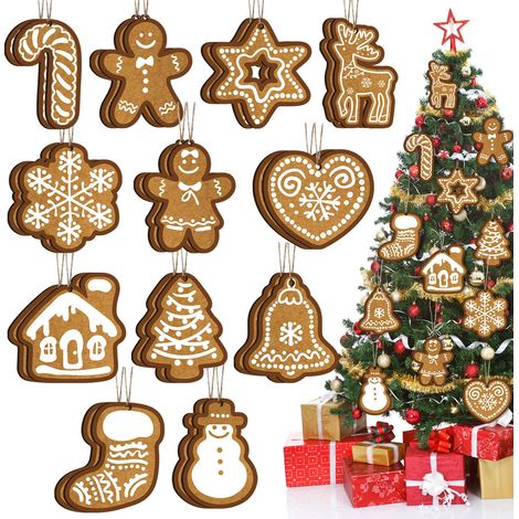 24 décorations de Noël : maison en pain d’épice, flocons de neige, étoiles, cloches, cannes de Noël, bonhomme de neige, chaussettes de Noël, décorations de rennes, décorations rustiques en bois pour s (1/5)
