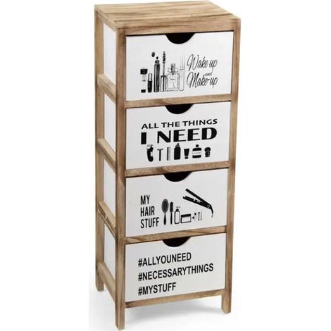 Mueble organizador de 30 x 24 x 79 cm con 4 cassettes decorados en blanco y negro