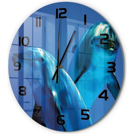 Horloge Murale Ronde Verre Trempé Mouvement Silencieux Design Moderne Deux dauphins fi 60 cm (1/5)