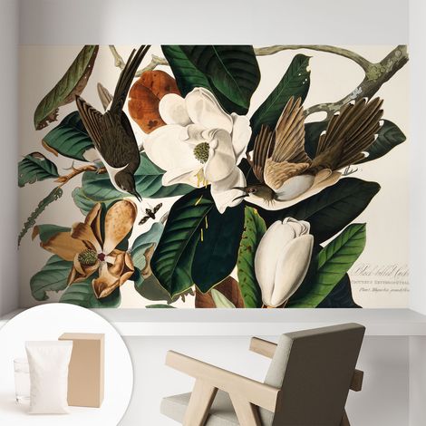 Papier peint intissé mural avec imprimé motifs décoratifs - style contemporain - Colle incluse gratuite Oiseaux et magnolias 104x70 cm