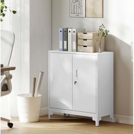 Armoire de rangement en métal, 2 niveaux, portes verrouillables, blanche HAVRYA (1/5)