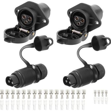 2 pièces Fiche Remorque 3broches 12v 24v et 2 pièces Prise Remorque 3broches,Fiche Attelage 3 pin Mâle pour Agricole Véhicule,Voiture Porte-vélo,Prise 3 Broches Remorque Male/Femelle (1/5)