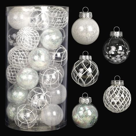 Transparente Weihnachtskugeln, 30 Stück, 6 cm Durchmesser, weiße Weihnachtskugeln für den Weihnachtsbaum, bruchsicher, zum Aufhängen, ideal für Hochzeiten und Weihnachten. (1/5)