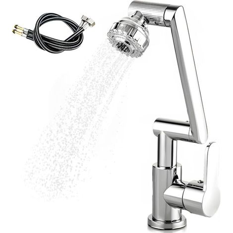 Rubinetto cucina estraibile, miscelatore con regolatore di portata 1080°, 2 tipi di getto, tubo di collegamento acqua calda e fredda da 60 cm - Argento (1/4)