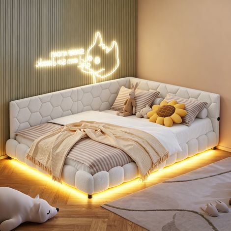 Schlafsofa 140 x 200 cm, Tagesbett mit LED-Stimmungsbeleuchtung in 16 Farben und USB-Anschlüssen – MDF und Lammwolle – Lattenrost aus Holz