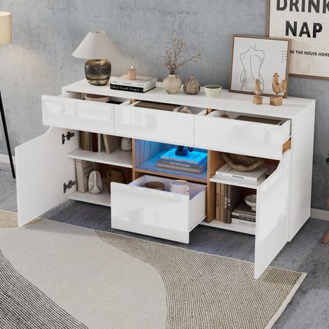 ELVMI Buffet et enfilade avec 4 Tiroirs, 2 Portes, 1 Niche et LED pour Salon en Panneaux de Particules 140 × 40 × 70 cm Blanc (1/5)