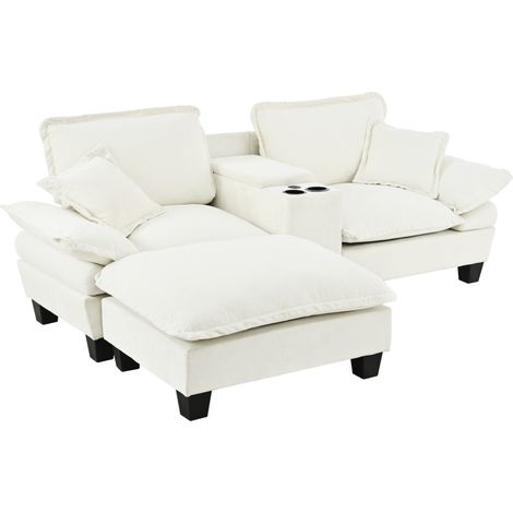 Divano modulare L beige in chenille con poggiapiedi, portabicchieri e USB, MODENUIT (1/5)
