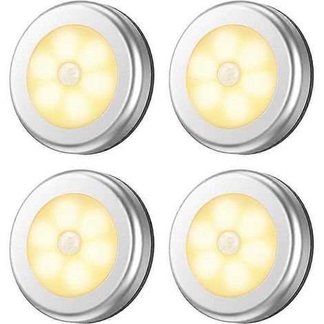 Lot de 4 lampes de nuit rondes à induction corporelle, pratiques pour la cuisine, les placards et la maison, sans piles (argent, blanc chaud). (1/5)