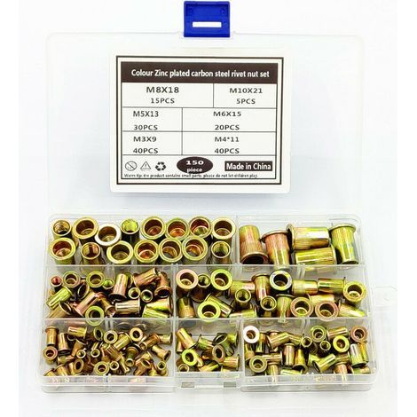 Rivet Écrous en Acier Carbone Inserts Filetés Écrou Aveugle Inox Tête Plate Rivets M3 M4 M5 M6 M8 M10 150 Pièces (1/5)