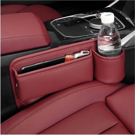 Contenitore multifunzionale in pelle per il sedile anteriore, con portabicchieri, regolabile, da posizionare nello scomparto del sedile dell'auto. (1/5)