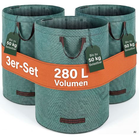 GARDEBRUK® Gartenabfallsack je 280 Liter 50 kg Belastbarkeit doppelte Nähte 3 stabile Griffe robust abwaschbar Garten Rasensack Gartentasche Laubsack 3x Laubsack