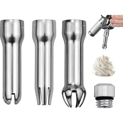 Edelstahldüsen, 3 Edelstahlspitzen mit 1 Adapter für Sahnesiphon, zur Zubereitung von Sahne, Eiscreme, Torten, Desserts, Soßen, Mousse und Ganache (1/5)