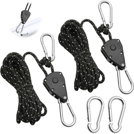 Lot de 2 cordes d'arrimage à cliquet réglables de 4 m, poulie à cliquet noire de 3 mm avec 2 crochets de rechange, corde d'arrimage réfléchissante pour lampes et plantes. (1/4)