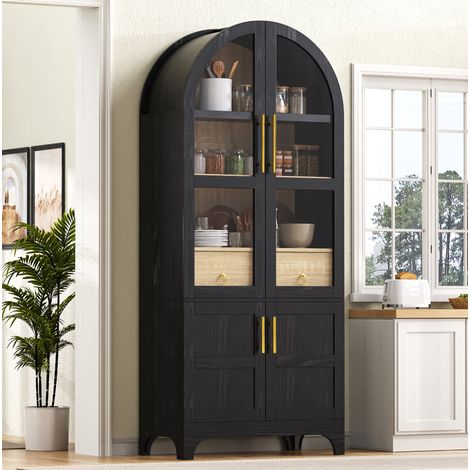 Credenza alta 76x40x180 cm con cassetti e ripiani regolabili, mobile contenitore per cucina e soggiorno, in MDF e vetro, nera (1/5)
