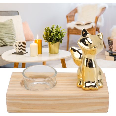 Bougeoir en bois et céramique dorée, style nordique simple et luxueux, adorable bougeoir en forme de renard pour Noël. (1/5)