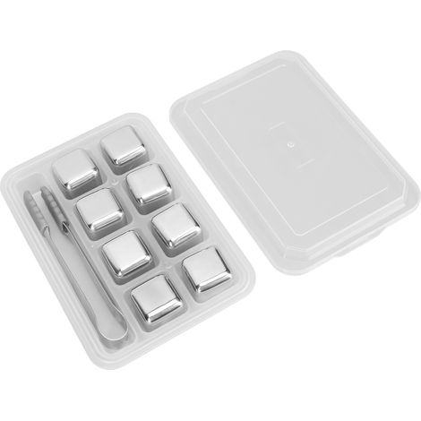 Lot de 8 glaçons en acier inoxydable, polis miroir, réutilisables avec pince et boîte pour boissons et whisky (1/5)