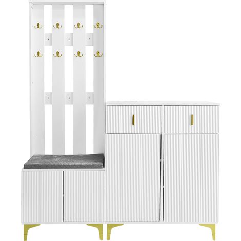 Ensemble d’entrée avec meuble à chaussures, banc rembourré et porte-manteau mural blanc MODENUIT (1/5)