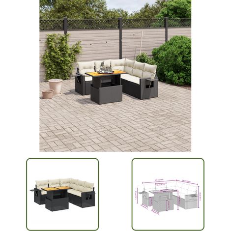 The Living Store Salon de jardin 6 pcs avec coussins noir résine tressée - Ensemble Salon De Jardin - Meuble Extérieur - Résine Tressée - Rotin Synthétique - Table Extensible (1/3)