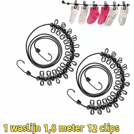 Étendoir à linge portable extérieur noir 1,8 m avec 12 pinces fixation robuste indéformable pour sécher le linge à la maison et en extérieur (1/5)