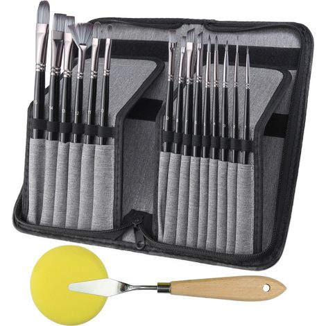 [JAMAIS UTILISÉ]Ensemble de 15 pinceaux pour peinture à l'huile acrylique Gouache à l'aquarelle avec étui de transport pop-up avec couteau à palette et 2 éponges - Noir (1/5)
