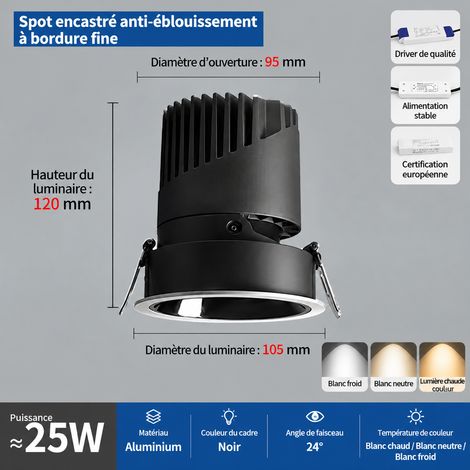 Spot encastrable COB 25W réflecteur gris canon de fusil lumière blanche 105 mm 25w 105 95mm réf 141 g – Livraison gratuite