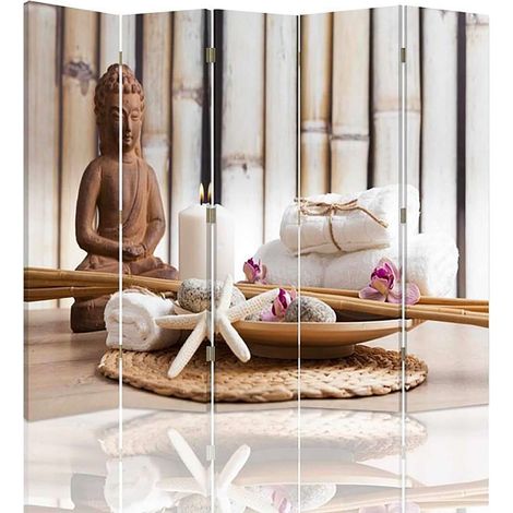 Paravent Budda Zen à 5 Volets pour Décoration Sereine - 180 x 180 cm - 1 face déco, 1 face noir