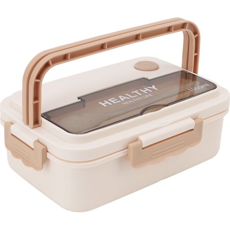Boîte à lunch en plastique à 3 compartiments, 1000 ml, compatible micro-ondes, couleur beige, idéale pour les enfants, les adultes, les étudiants et les employés de bureau. (1/5)