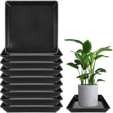 Lot de 10 Soucoupes Carrées 30 x 30 x 4.5 cm, Soucoupes pour Pot de Fleurs en Plastique, Plateau Carré pour Pot de Fleurs, Plantes d'Intérieur et d'Extérieur, Noir (1/5)