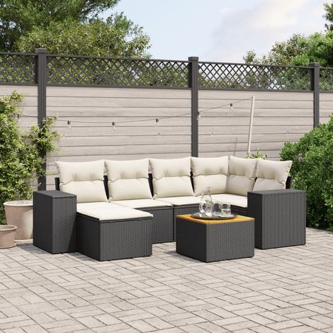 Ensemble Salon Jardin 7 Places Noir Résine Tressée avec Coussins Crème - Canapé d'Angle, Table Acacia et Repose-Pieds - Modulaire et Résistant aux Intempéries (1/5)