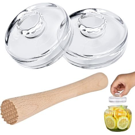 Set bestehend aus 2 Gärgewichten aus Glas (7 cm), Ballaststein, 1 Gärpresse und einem funktionalen Schlitz zum Entfernen von überschüssigem Sand (1/5)