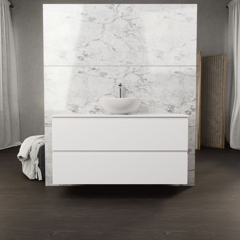 Inda - Badezimmerschrank B.120 mit Aufsatzwaschbecken / Mattweiß 2 Schubladen - Rubin