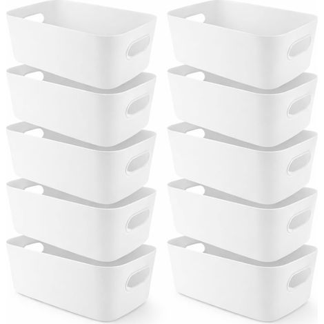 Boîte de rangement cuisine lot de 10, paniers blancs 30 x 20,5 x 12,5 cm en PP avec poignées, boîte de rangement plastique empilable pour bureau, salle de bain, jouets et placard (1/5)