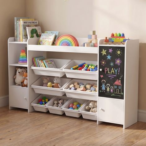 Bibliothèque enfant 137x30x94,5 cm, Étagère de rangement avec 8 bacs amovibles et ardoise, Meuble de rangement enfant, meuble à Jouets, style moderne, Blanc