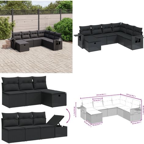 Salon de jardin 7 pcs avec coussins noir résine tressée - Ensemble Salon De Jardin - Mobilier De Jardin - Salon Extérieur - Fauteuil De Jardin - Table Basse - Home & Living