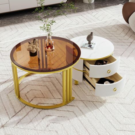 2-in-1 runder Couchtisch aus MDF, Beistelltisch mit 1 weißen Platte und 1 braunen Platte aus gehärtetem Glas, Couchtischkombination mit 2 Schubladen für das Wohnzimmer, 707045 + 505040 cm (1/5)