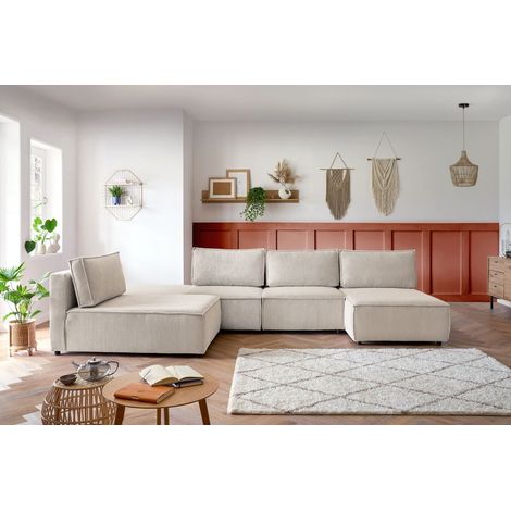 Bobochic – Canapé d'angle modulable 6 places – Tissu velours côtelé beige – 2 chauffeuses, 1 pouf, 2 méridiennes – Design contemporain (1/5)